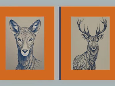 Animal Paintings of Deer Head and Full Body with Orange Frames Minimalist Line Art Design 3d model