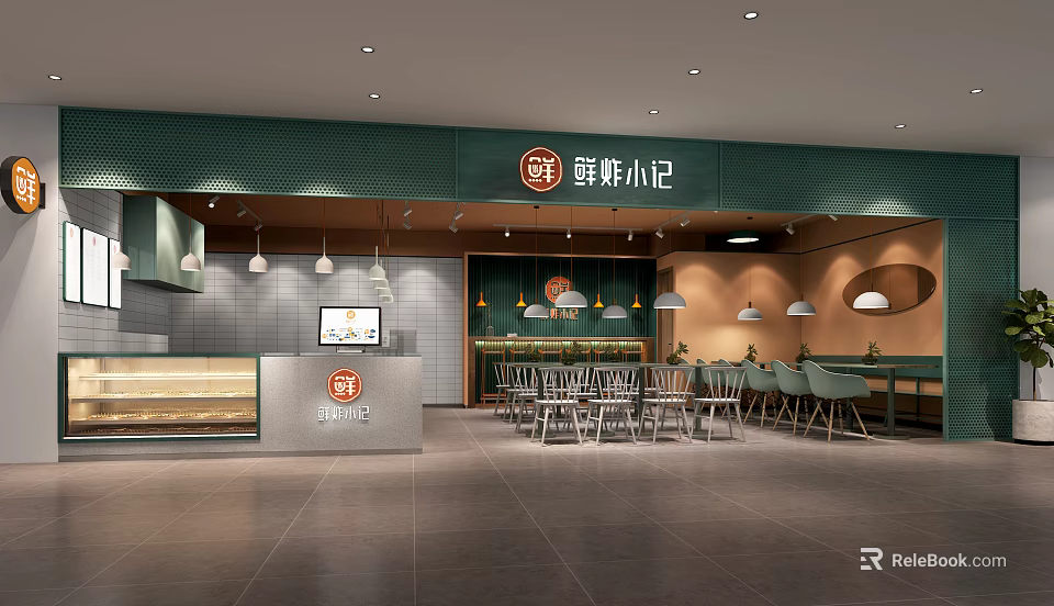 Modern Seafood Restaurant Interior With Green Walls Signboard And Pendant Lights 3d model 