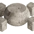 Traditional Stone Round Table with Square Chairs and Carved Ornate Patterns 3d model