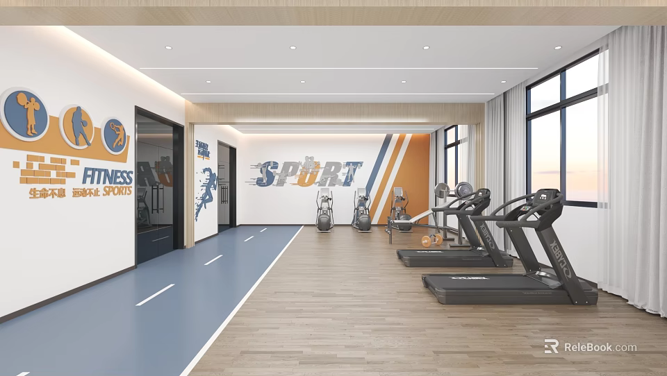 Modern Fitness Gym Interior With Treadmills And Sport Wall Art 3d model 