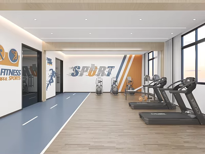 Modern Fitness Gym Interior With Treadmills And Sport Wall Art 3d model