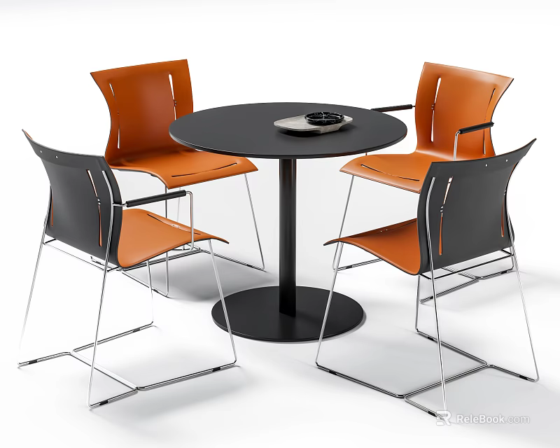 Modern Minimalist Round Table with Black Top and Orange Cushioned Chairs Silver Metal Legs 3d model 