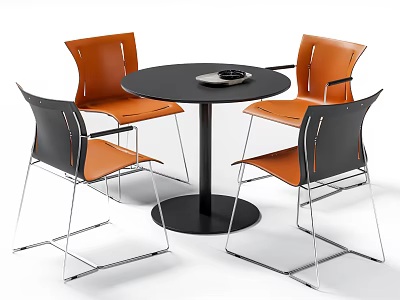 Modern Minimalist Round Table with Black Top and Orange Cushioned Chairs Silver Metal Legs 3d model