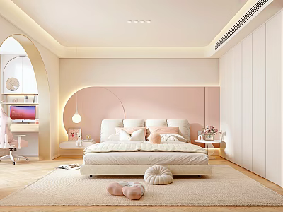 Cozy Kids Room Interior With Pink Walls Bed Pillows Soft Rug And White Cabinets 3d model