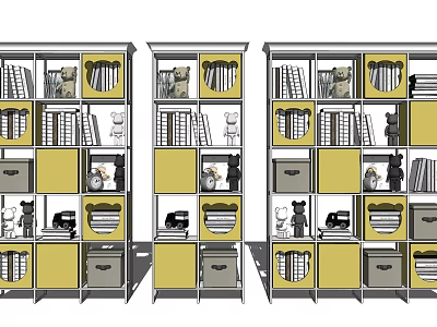 Modern Yellow And Grey Bookcase With Multiple Shelves Books And Decorations 3d model