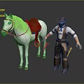 3D Cowboy Character Standing With White Horse And Brown Saddle