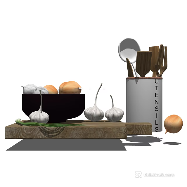 Kitchen Utensils In White Container With Wooden Cutting Board Black Bowl Onions And Garlic 3d model 