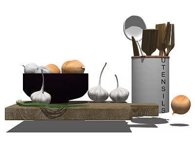 Kitchen Utensils In White Container With Wooden Cutting Board Black Bowl Onions And Garlic 3d model