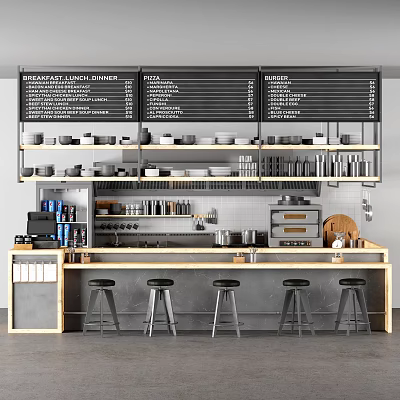 Café Reception Counter With Menu Board Shelves Bowls Plates And Bar Stools 3d model