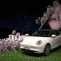 White Car Decorated With Pink Heart Flower Arch And Flowers Under Starry Sky