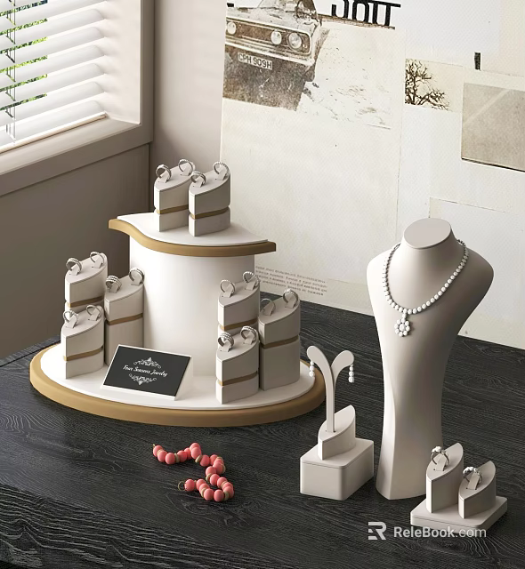 Elegant Jewelry Display With Necklace Earrings Rings On Stand And Table 3d model 