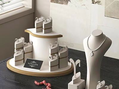 Elegant Jewelry Display With Necklace Earrings Rings On Stand And Table 3d model