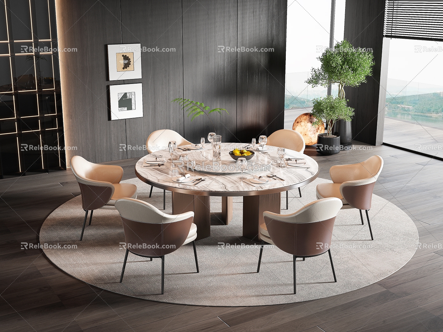 Modern Italian Dining Table and Chair Combination Round Dining Table and Chair Marble Dining Table Leather Dining Chair Metal Dining Table Multi-person Dining Table and Chair Italian Dining Table and Chair Desktop Decoration model