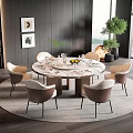 Elegant Circular Dining Table Set With Marble Top Beige Chairs Round Rug And Greenery