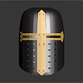 Medieval Metallic Helmet With Yellow Cross Decoration And Perforated Surface For Historical Use