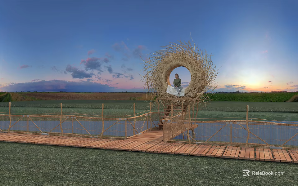 Straw Circular Structure With Person Sitting On Wooden Bridge At Sunset Over Grassland And Water 3d model 