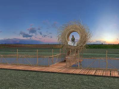 Straw Circular Structure With Person Sitting On Wooden Bridge At Sunset Over Grassland And Water 3d model