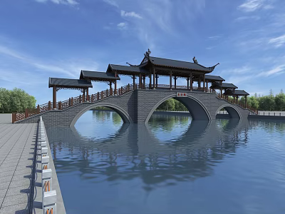 Traditional Chinese Arched Bridge Featuring Pavilions Over Water With Green Trees And Blue Sky 3d model