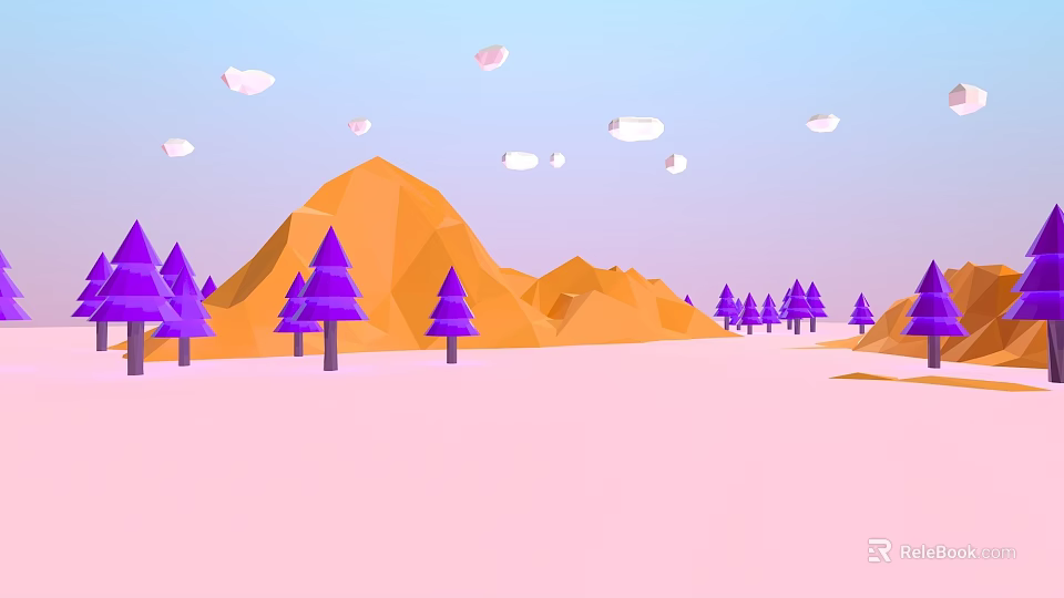 Low Poly Scenery With Orange Mountains Purple Trees Pink Ground Blue Sky And White Clouds 3d model 