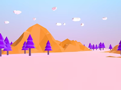 Low Poly Scenery With Orange Mountains Purple Trees Pink Ground Blue Sky And White Clouds 3d model
