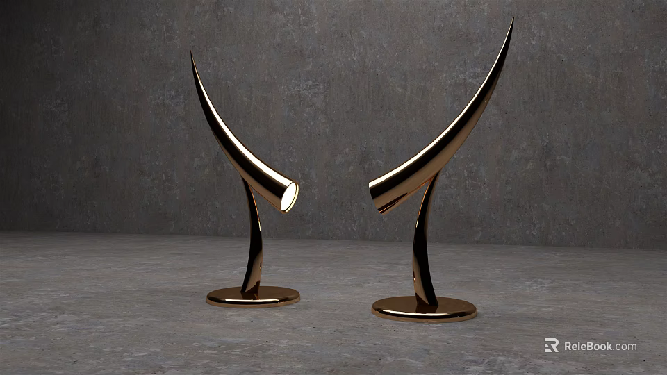 Golden Modern Curved Table Lamps With Round Base Illuminated In Room 3d model 