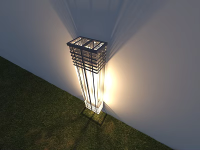 Modern Outdoor Standing Light With Grid Design Illuminating Wall On Grass 3d model
