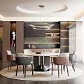 Modern Restaurant Interior With Round Dining Table Chairs Chandelier And Round Rug