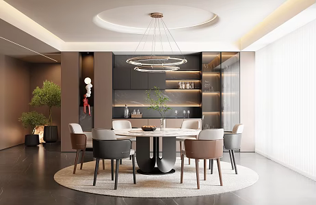 Modern Italian Restaurant Round Dining Table and Chair Dining Table and Chair Combination Italian Sideboard Italian Chandelier Italian Light Luxury Restaurant Leather Dining Chair Marble Dining Table Potted Plant 3d model