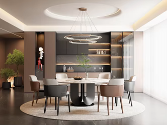 Modern Italian Restaurant Round Dining Table and Chair Dining Table and Chair Combination Italian Sideboard Italian Chandelier Italian Light Luxury Restaurant Leather Dining Chair Marble Dining Table Potted Plant 3d model
