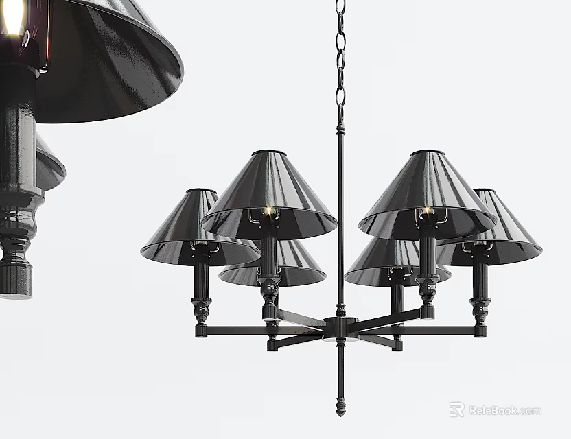 Modern Black Chandelier With Multiple Conical Shades And Metal Frame Design 3d model 