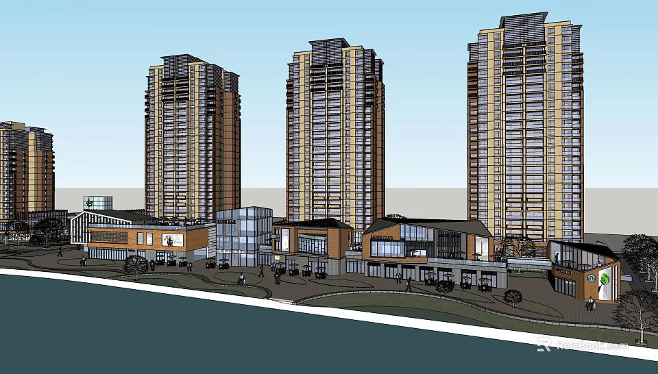 Modern High Rise Residential Buildings With Low Rise Structures Greenery And Waterfront View 3d model 