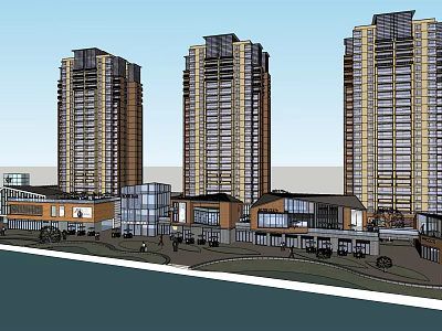 Modern High Rise Residential Buildings With Low Rise Structures Greenery And Waterfront View 3d model