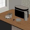 Elegant Perfume Cosmetics Display With Grey Containers And Cylindrical Jars On Wooden Table