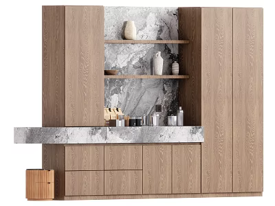 Modern Entryway Cabinet Sideboard With Wooden Finish Marble Top And Open Shelves 3d model