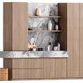 Modern Entryway Cabinet Sideboard With Wooden Finish Marble Top And Open Shelves