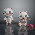 Adorable White Spotted Cartoon Figures With Blue Eyes Standing And Sitting By Pink Cupcake