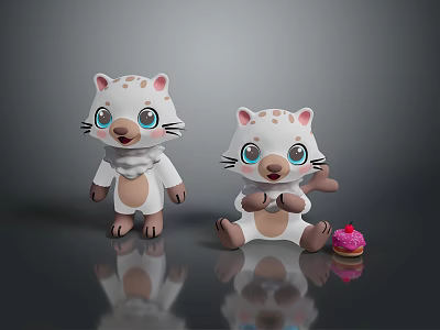 Adorable White Spotted Cartoon Figures With Blue Eyes Standing And Sitting By Pink Cupcake 3d model