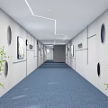 Modern Elevator Hallway With White Structure Circular Cutouts Green Plants And Gray Stone Tile Floor