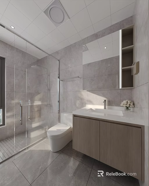 Modern Minimalist Gray Bathroom Interior With Glass Shower Enclosure And Marble Tile Wall Finishes 3d model 