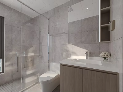 Modern Minimalist Gray Bathroom Interior With Glass Shower Enclosure And Marble Tile Wall Finishes 3d model