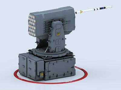 Naval Close In Defense Weapon System With Grey Launcher Radar Base And Red Ring 3d model