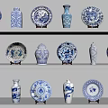 Blue And White Ceramic Wares With Traditional Patterns Plates Vases Jars Displayed On Shelves