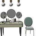Dressing Table with Three Round Mirrors Three Globe Lights Light Blue Chair and Cosmetic Bottles