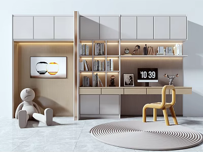 Modern Bookcase with Desk Chair Decorative Painting and Soft Lighting 3d model