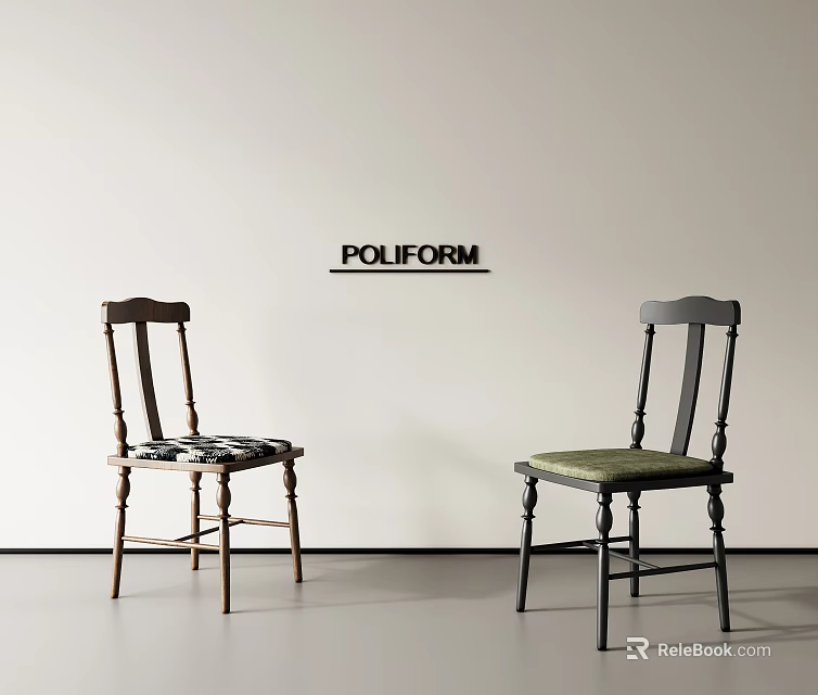 POLIFORM Accent Chairs Featuring Wooden Black Frames Slatted Backrests and Patterned Green Seats 3d model 
