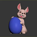 Cute Pink Rabbit Sitting And Holding Big Blue Egg On Gray Background
