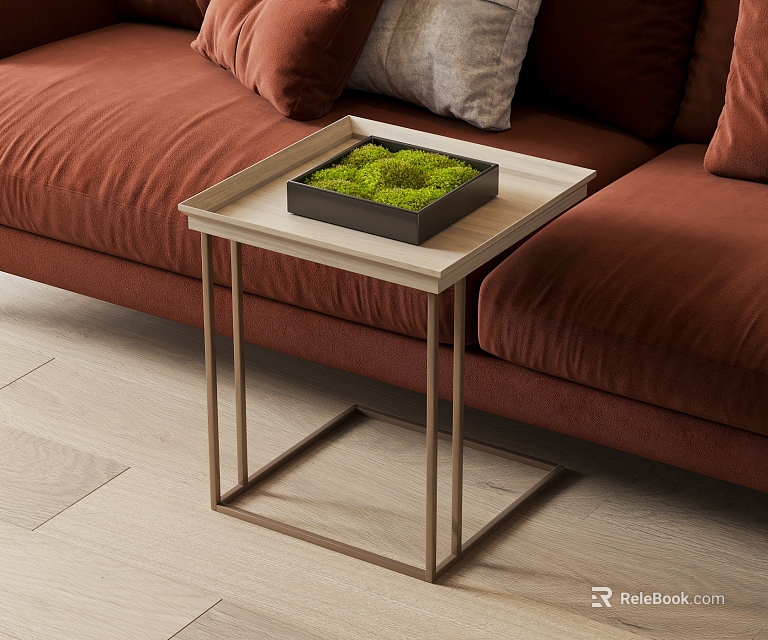 Stylish Wooden Top Side Table With Metal Legs And Green Moss Decor By Red Sofa 3d model 