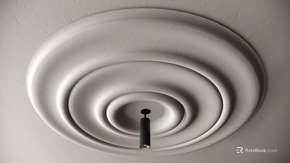 Modern White Ceiling Decorative Design With Concentric Circles And Black Pendant Light 3d model 