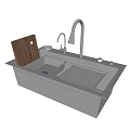 Modern Kitchen Sink With Double Bowl Stainless Steel Faucet And Wooden Cutting Board