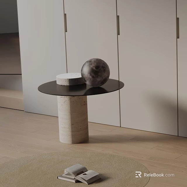 Modern Side Table With Round Black Top And Beige Marble Base Featuring Moon Textured Spheres 3d model 